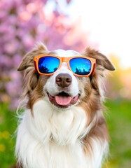 Happy dog wearing sunglasses in a garden