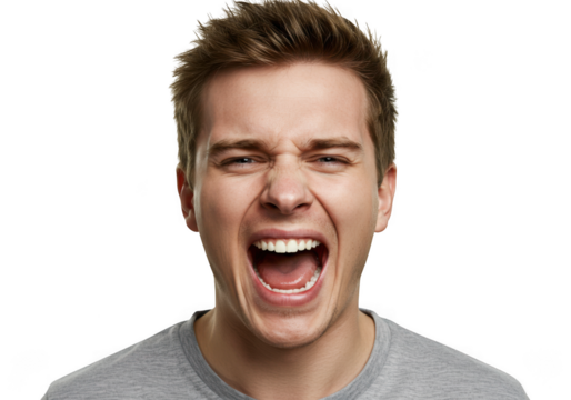 Young man screaming with mouth wide open, isolated on transparent background - Powered by Adobe