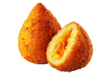 Crispy Brazil coxinha snack filled with shredded chicken croquettes and creamy cheese, isolated on white transparent background, concept of South American Cuisine