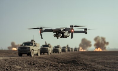 Advanced surveillance drone flying over a battlefield with military convoy and explosions