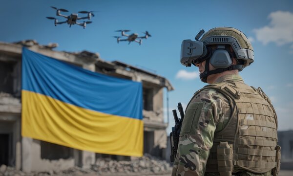 Ukrainian soldier in VR headset with drones flying over destroyed city and national flag