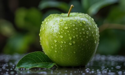 Dew kissed vibrant green apple with a fresh leaf and water droplets