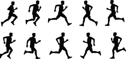 Running man silhouette vector set, athlete jogging icons, sporty male runner poses, black fitness activity shapes for motion design