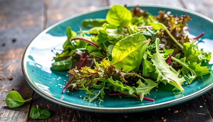 Fresh mixed greens salad on a teal plate