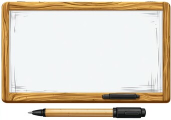 Empty whiteboard with a light wood frame, a pen attached, and another pen below. Ready for notes or drawings, suggesting a creative or educational space