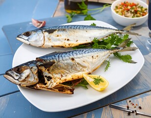 Grilled mackerel on a plate with garnish