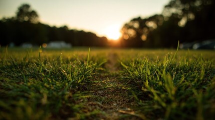 Sunsets on a lawn in a park. The grass is sharply in focus. Trees are in the background, softly blurred by the setting sun