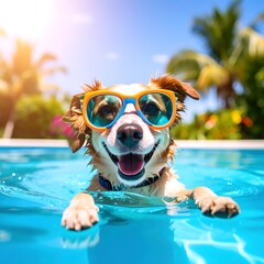 Happy dog wearing sunglasses in a pool