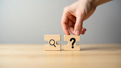 A hand places a puzzle piece with a question mark next to one with a magnifying glass.