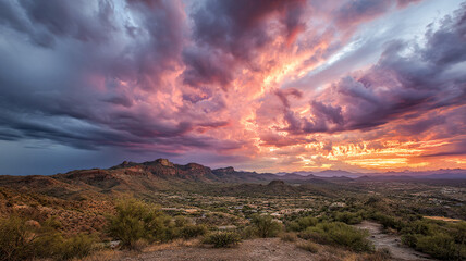 Desert panorama with rich sunset sky and distant mountains — emotive wide scene for nature and travel use.