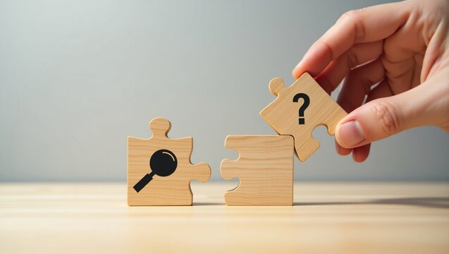 A hand holds a puzzle piece with a question mark, fitting it to another piece with a magnifying glass.