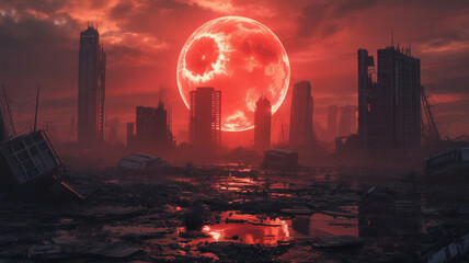 Post apocalyptic city landscape with red moon and destroyed buildings stock photo and background images