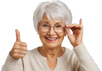 Happy senior woman with glasses giving thumbs up isolated on transparent background