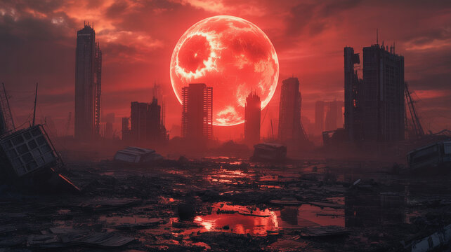 Post apocalyptic city landscape with red moon and destroyed buildings stock photo and background images