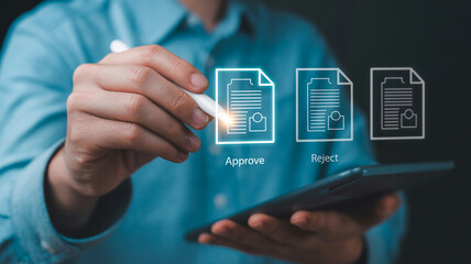 Digital document workflow approval process on tablet for business automation and management system