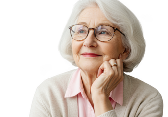 Elderly woman wearing glasses and a cardigan, isolated on transparent background