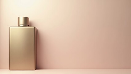 A sophisticated gold-toned perfume bottle rests against a soft, muted peach background, showcasing an elegant and minimalist design.