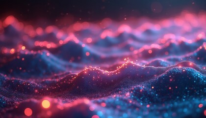 Abstract glowing landscape with undulating hills and particles