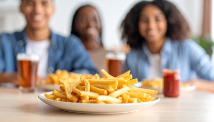 Happy family enjoying french fries