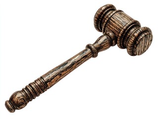 A brown, textured wooden gavel, with rings around the mallet head and handle end, lies diagonally across a white backdrop, casting a faint shadow