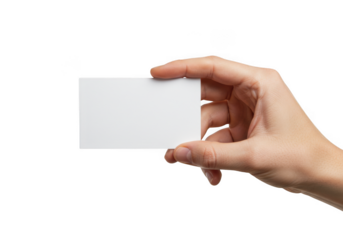 Hand holding a blank white card isolated on transparent background