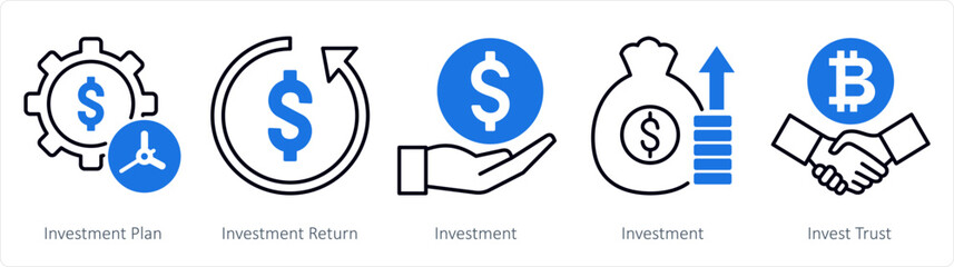 A set of 5 mix icons as investment plan, investment return, investment