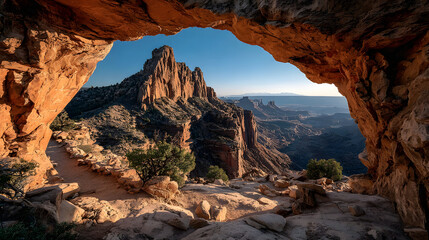 Scenic view of a canyon with a natural rock archway
