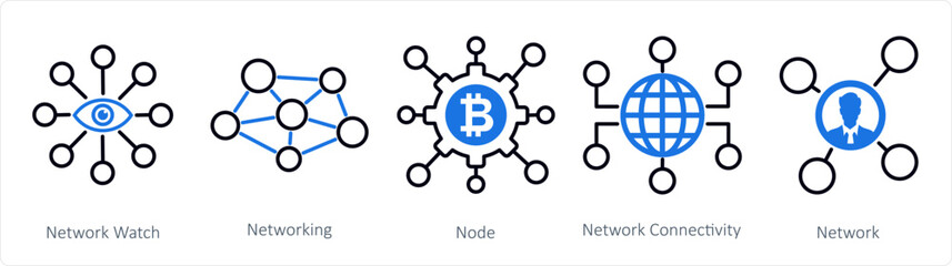 A set of 5 mix icons as network watch, networking, node