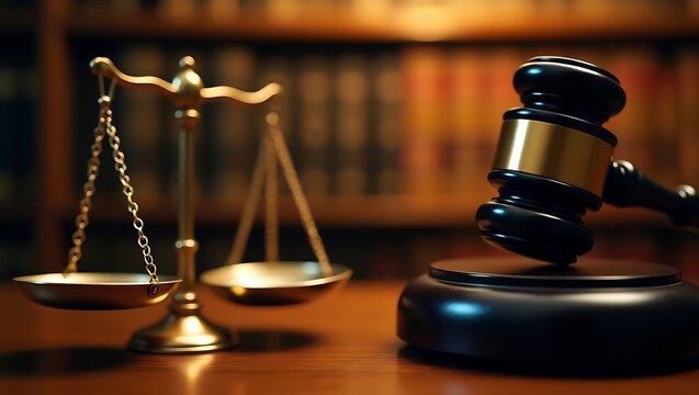 Justice and law symbolism gavel and scales of justice in a library setting