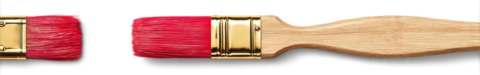 Two paintbrushes rest on a white surface, bristles dyed a vibrant red, handles wood, the brass ferrules catching the light