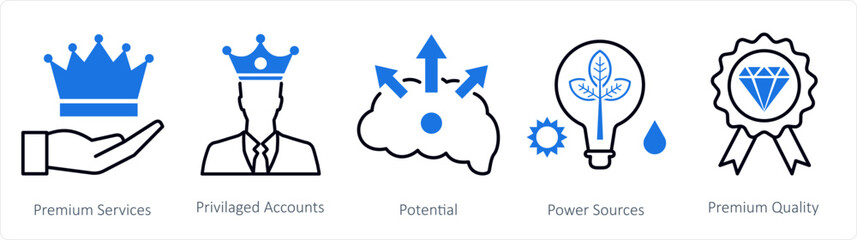 A set of 5 mix icons as premium service, privileged accounts, potential