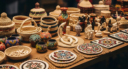 Fototapeta premium Assortment of traditional handmade crafts and woven souvenirs on display at a vibrant cultural market stall