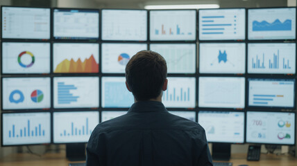 Man analyzing financial data on multiple computer screens in a modern data analysis center setting 100