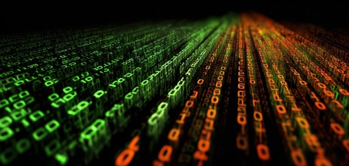 The Binary Code Matrix Streaming Across a Neon Green and Orange Digital Landscape