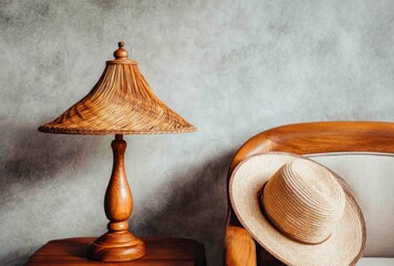 A warm, inviting scene featuring a carved wooden lamp on a dark wood table beside a chair with a straw hat resting on the seat