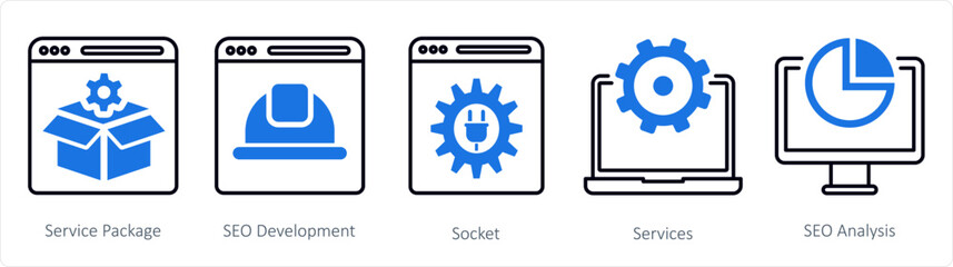 A set of 5 mix icons as service package, seo development, socket