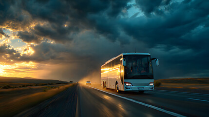 A bus on a highway during a dramatic sunset and storm 