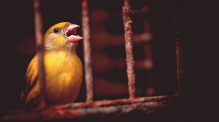 Golden bird sings a sorrowful tune from behind rusty cage bars, creating a somber atmosphere with deep shadows