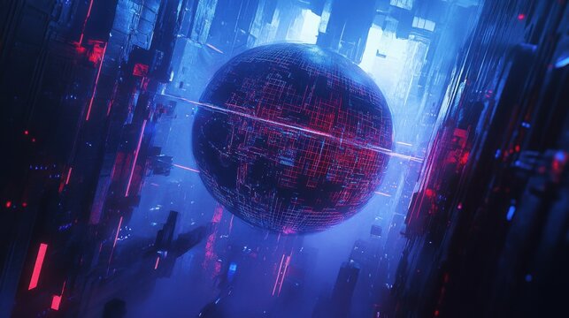 Glowing sphere with digital circuitry patterns in futuristic cityscape