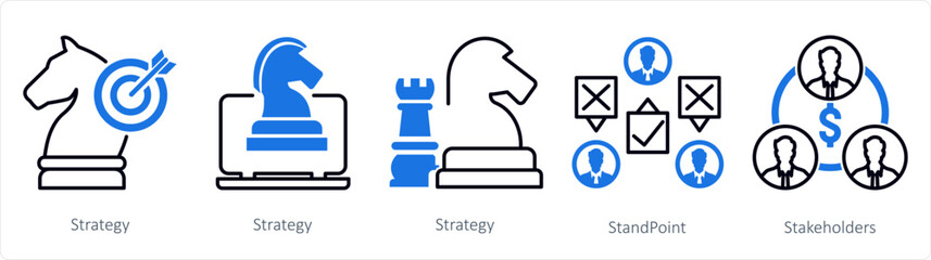 A set of 5 mix icons as strategy, standpojnt, stakeholders