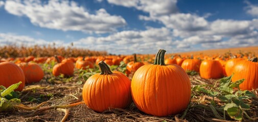 The Pumpkins in a Sunlit Autumn Field Ready for Harvest and Seasonal Decoration