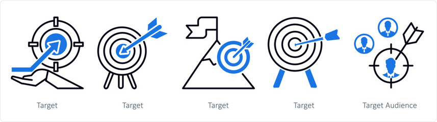 A set of 5 mix icons as target, target audience, mission