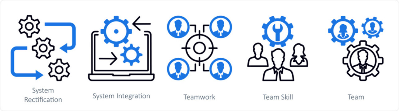 A set of 5 mix icons as system rectification, system integration, teamwork