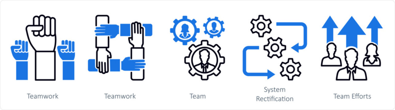 A set of 5 mix icons as teamwork, team, system rectification
