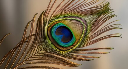 Naklejka premium Peacock Feather Close-up - Iridescent Blues, Greens, and Browns.