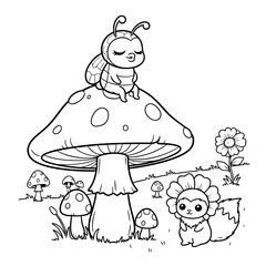 A charming coloring page of a cartoon bee on a toadstool with a cute flower animal in a fantasy forest, a printable activity sheet for kids