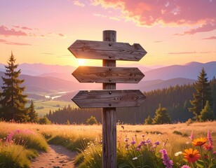 Wooden signpost outdoors in nature during sunset and pink skies.