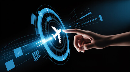 Airplane travel technology concept hand touching virtual screen interface booking flights online now