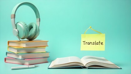 Stack of books with headphones and a notebook on a blue background, symbolizing language and translation for International Translation Day