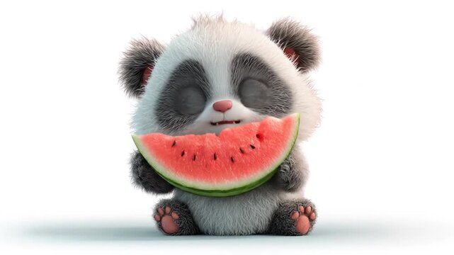 Animated panda cub eats watermelon slice isolated on white background